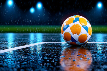 A vibrant soccer ball rests on a wet pitch under rain, illuminated by stadium lights, creating a dramatic sports scene.