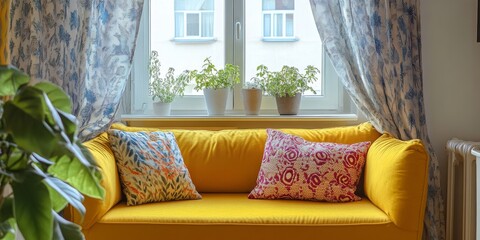 Aufkleber - Cozy small living room featuring a window adorned with curtains. The small interior space includes a vibrant yellow sofa and a decorative pillow, enhancing the charm of the living room.
