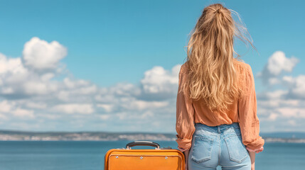 The back of a woman standing looking at a beautiful lake under a blue and sunny sky. With a suitcase next to her. Photo style.