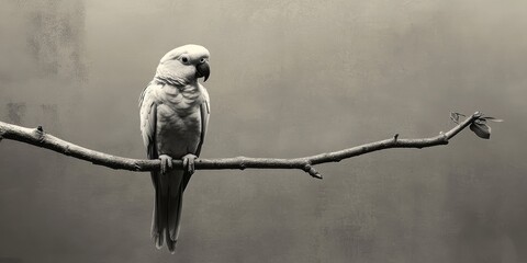 Poster - Black and white parrot perched on a tree branch against a grey paper background, providing a striking contrast perfect for showcasing various designs or text overlays featuring the parrot theme.