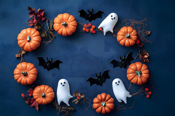 Wall Mural - Halloween party decorations from pumpkins, bats, spider web, ghosts on dark blue background top view. Happy halloween holiday greeting card flat lay style.