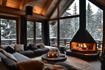 Sticker - Cozy Cabin Living Room Fireplace Winter Snow View