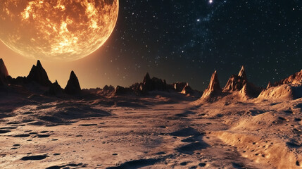 Poster - Rocky mountains rising from a desolate alien planet surface illuminated by a large, glowing planet in a starry night sky