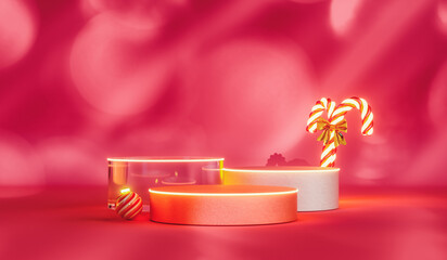 Aufkleber - Christmas podium backdrop with Christmas ornaments and bokeh light. 3d rendering background