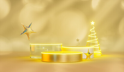Aufkleber - Christmas podium backdrop with Christmas ornaments and bokeh light. 3d rendering background
