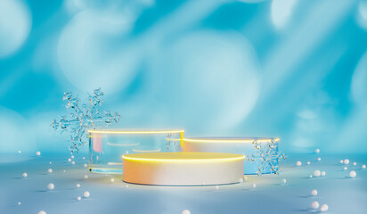 Aufkleber - Christmas podium backdrop with Christmas ornaments and bokeh light. 3d rendering background