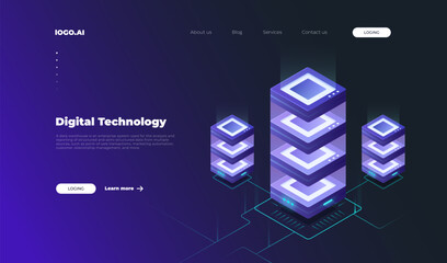 Wall Mural - artificial intelligence isometric landing page, ai technologies, microcircuits on neon glowing futur