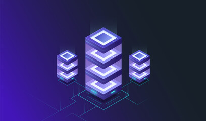 Wall Mural - artificial intelligence isometric landing page, ai technologies, microcircuits on neon glowing futur