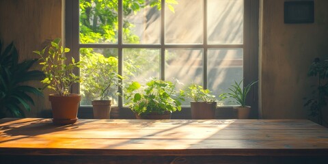 Aufkleber - Wooden table with natural light streaming through the window space creates an inviting and warm atmosphere. Explore the beauty of a wooden table and window space for serene interior design ideas.