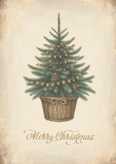 Wall Mural - Watercolor vintage card with Christmas tree in a wicker basket.