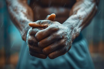 Muscular hands grasp firmly together, glistening with droplets of rain. The athlete is focused and ready for intense training amidst challenging weather conditions