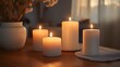 © TawaUStock - A table set with handmade candles, with soft, flickering flames and delicate craftsmanship, warm light casting a glow across the room, intimate and cozy vibe