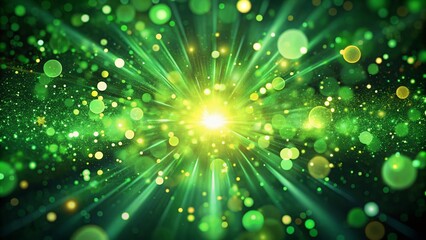 Wall Mural - Abstract Bright Green Glowing Background with Flying Dots, Circles, Bokeh, Energy Particles, and Light Rays for Dynamic Visuals and Designs