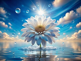 Wall Mural - Abstract Crystal White Flower Blooming with Water Drops Against a Vibrant Blue Sky, Captured in Stunning 3D Rendering, Showcasing Nature's Delicate Beauty in an Artistic Composition