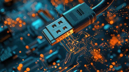 Fototapete - Macro view of a usb connector electronic environment low-resolution image technology concept