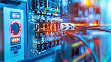 Leinwandbilder - Connecting power cables to a surge protector with led indicator in a technological environment for enhanced safety and performance
