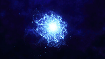 Wall Mural - a dynamic burst of electric blue energy sphere radiating from a central point against a dark backgro