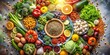 © Danicha - A Colorful Display of Nutrient-Rich Foods in a Circular Arrangement Showcasing a Balanced Diet with Bokeh Effect for an Inviting Culinary Background