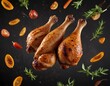 © Waranya - chicken legs with tomatoes and herbs flying around.