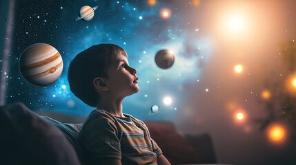 a kid boy surrounded by glowing stars and planets, creating a cosmic scene in his living room or bed