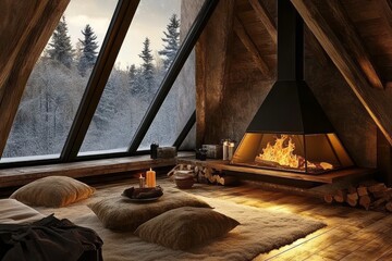 Poster - Cozy Cabin Winter Fireplace Scene With Snow Covered Trees