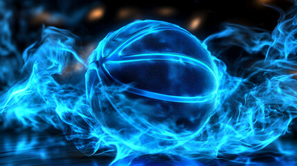 Wall Mural - Abstract 3D Render of a Basketball engulfed in  Glowing Blue Flames, Digital Art Background