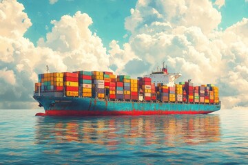 Wall Mural - Vibrant Cargo Ship Laden with Colorful Containers Navigating Calm Ocean Waters Under a Majestic Cloud-Filled Sky