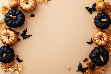 Canvas Print - border from black and gold halloween pumpkins with party decorations on beige background top view. m