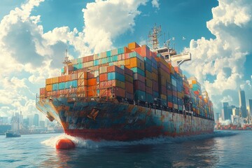 Wall Mural - Majestic Cargo Ship Navigating Through Vibrant Waters with City Skyline and Dramatic Cloudscape in the Background