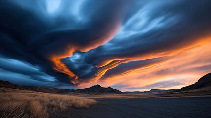 Canvas Print - Dramatic sunset landscape with rolling hills and vibrant orange and blue clouds in the sky, creating a striking contrast against the barren terrain and grassy foreground.