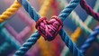 © Oleg - Heart is tied to a rope in a colorful pattern. The heart is red and pink, and it is surrounded by blue and yellow ropes. Concept of love and connection, as the heart is tied to the rope