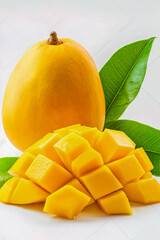 Sticker - Mango cut into cubes on a white background, one side displaying a whole yellow mango with green leaves, vibrant colors, fresh and juicy appearance, minimalistic design.