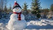 © Elshad Karimov - A cheerful snowman decked out in a hat and scarf stands tall amidst a snowdrift. Behind him, a serene forest stretches out beneath a crystal-clear sky, completing the wintery tableau.