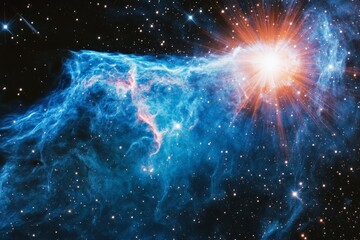 Poster - An electrifying scene of a vibrant blue cosmic wave motion, highlighting a radiant star shining brightly amidst the spectacle, in the depths of space.