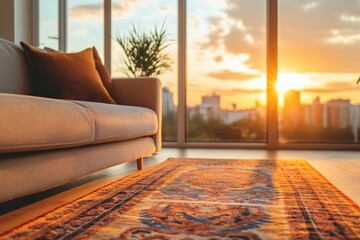 Poster - A serene living room bathed in the warm glow of a sunset, featuring a modern sofa, vibrant rug, and large windows offering breathtaking city skyline views.