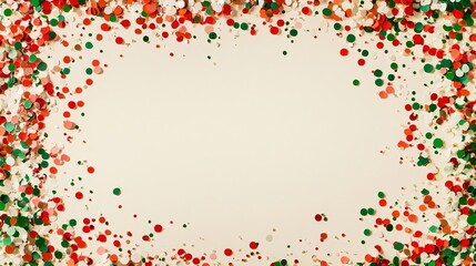 Wall Mural - Festive confetti in red, green, and gold forming a semicircle at the top of a soft cream background, leaving the lower section blank