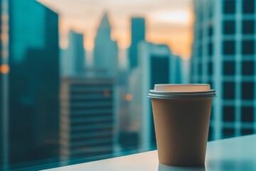 Aufkleber - A takeaway coffee cup is positioned on a window ledge against a blurred urban skyline, evoking warmth and relaxation as the evening light filters through tall buildings.