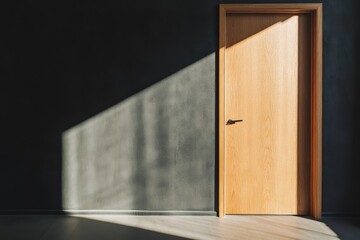 Aufkleber - A natural wood door partially opened with sunlight streaming in, casting defined shadows on the adjacent wall, illustrating a peaceful and welcoming interior environment.
