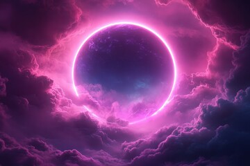 Wall Mural - Surreal Cosmic Scene with Glowing Pink Eclipse Surrounded by Dramatic Clouds in a Dreamlike Night Sky