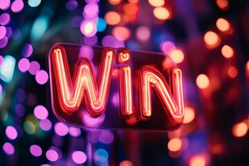 Poster - This image shows a neon sign displaying the word 'Win' in vibrant red and pink colors, set against a background of blurred colorful lights, evoking excitement.
