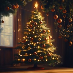 Wall Mural - Christmas tree decorated with colorful balls and warm lights. Festive ambiance in cozy room. Holiday spirit in image. Illuminated tree in home or interior. Christmas tree in warm interior setting.