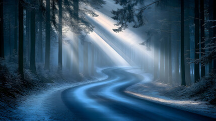 Wall Mural - Serene Winter Road Winding Through a Mystical Forest, Bathed in Sunbeams