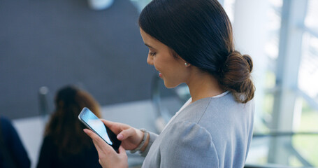 Aufkleber - Business, escalator and woman with phone in office for checking notifications, website search or mobile chat. Professional, person and smartphone for online networking, reading email or social media