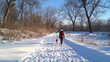 © Daily Stock - A person walking a dog on a snowy trail, dressed warmly with gloves, hat, and scarf, breathing in the fresh, crisp winter air.