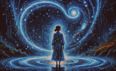 Wall Mural - woman stands in front of a blue swirl. the swirl is surrounded by stars. the woman is wearing a blue