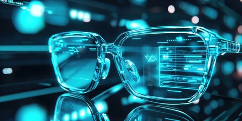 A set of futuristic glasses with a holographic interface displayed on a reflective surface, with a glowing neon blue background.