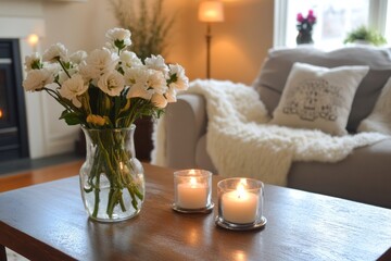 Poster - White Flowers Candles Cozy Living Room Decor