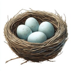 Colorful bird's nest with three blue eggs on a branch against a white background in a vibrant vector style illustration