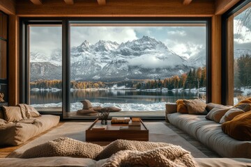 Sticker - Mountain Lake View From Cozy Wooden Cabin Living Room