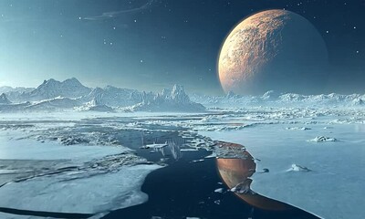 a serene alien landscape with a large planet in the sky.
